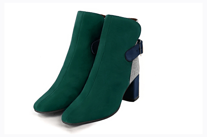 Forest green, pebble grey and navy blue women's ankle boots with buckles at the back. Square toe. Medium block heels. Front view - Florence KOOIJMAN